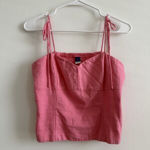Old Navy Pink Linen Blend Tie Shoulder Cropped Cami Top Coquette Babydoll Small